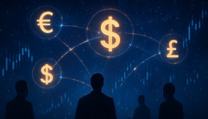 Glowing currency symbols orbit in digital cosmos linked by correlation threads amid candlestick charts and traders
