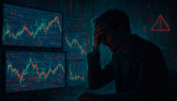 Frustrated trader examines glitchy correlation charts with warnings in chaotic trading room