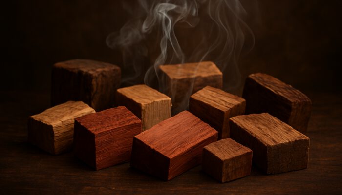 Assorted hardwood chunks of hickory, apple, cherry, maple, oak and pecan with rising smoke