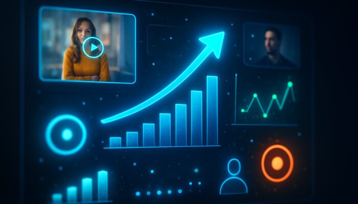 Vibrant digital dashboard showcasing live video ads and real-time global engagement statistics.