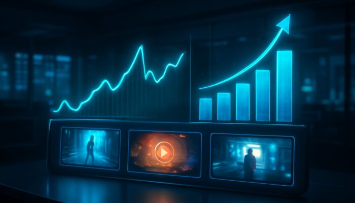 Futuristic dashboard illustrating holographic graphs of real-time video ad click-throughs and conversions.