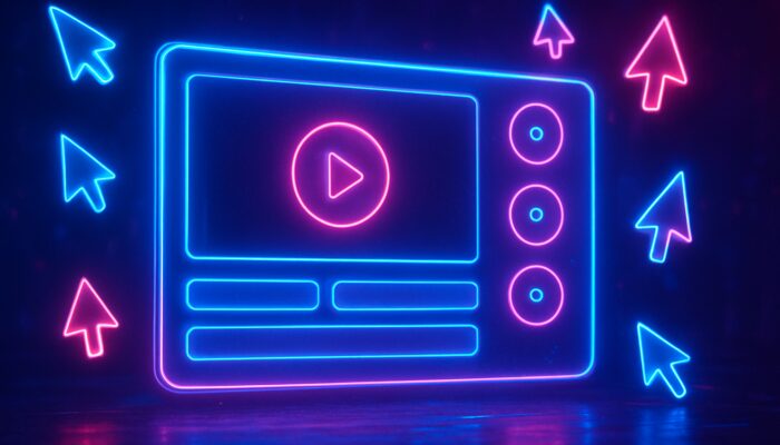 Neon cyberpunk interactive video screen with clickable choice buttons, hotspots, and floating cursors.