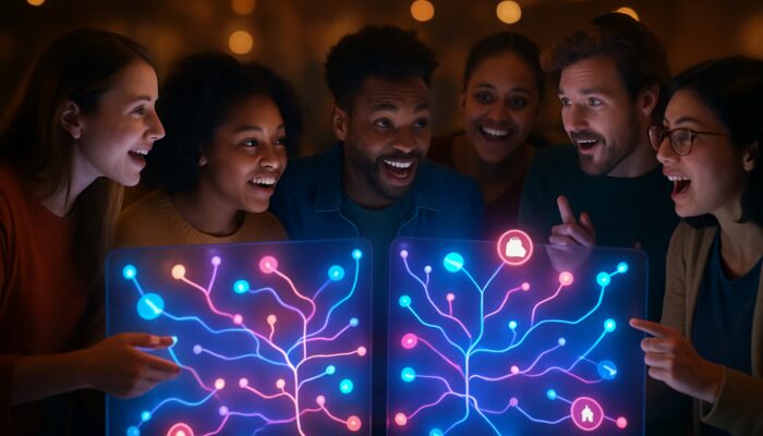 Diverse viewers debating interactive video choices on glowing screens with social sharing icons