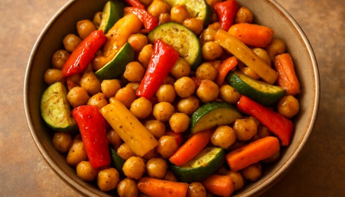 Vibrant bowl of golden roasted chickpeas with bell peppers, zucchini, and carrots