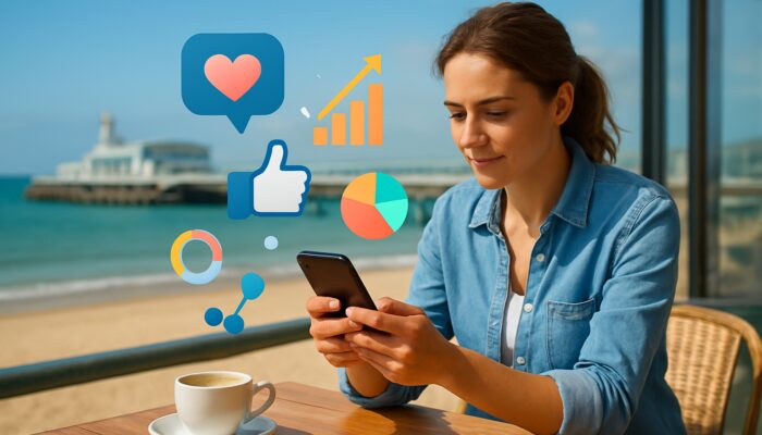 Small business owner developing social media strategies on a smartphone in a Bournemouth beach café with charts and a scenic sea view