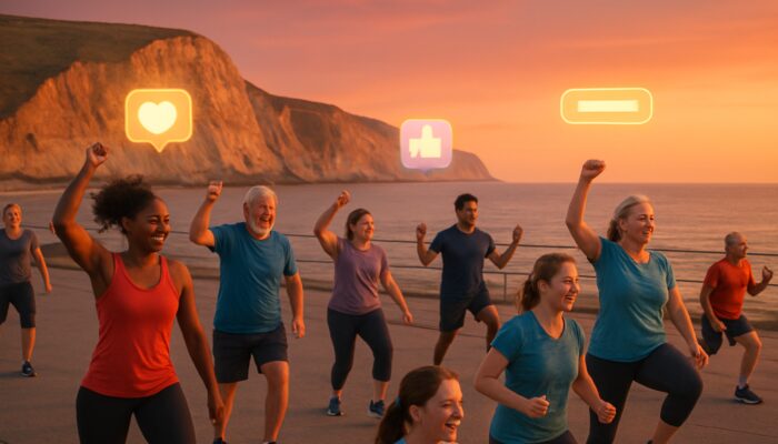 Locals exercising in a coastal gym class at dusk with Jurassic cliffs and marketing icons.