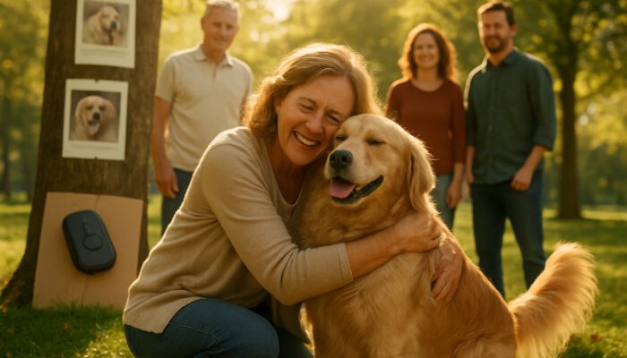 Golden retriever joyfully reunited with relieved owner in sunny park amid search posters and GPS tracker.