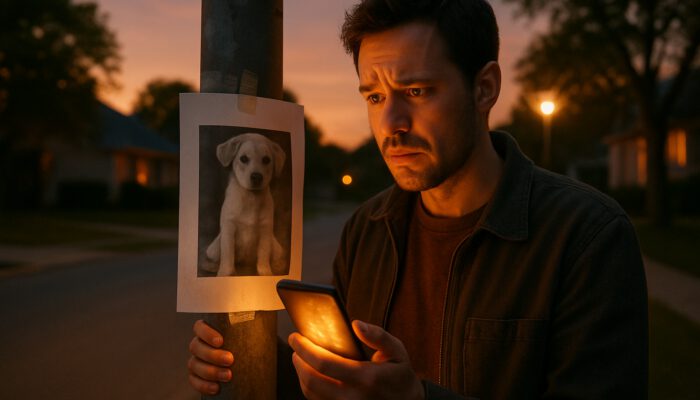 Concerned owner posts lost-pet flyers on lamppost while checking viral social media alerts on smartphone at dusk.
