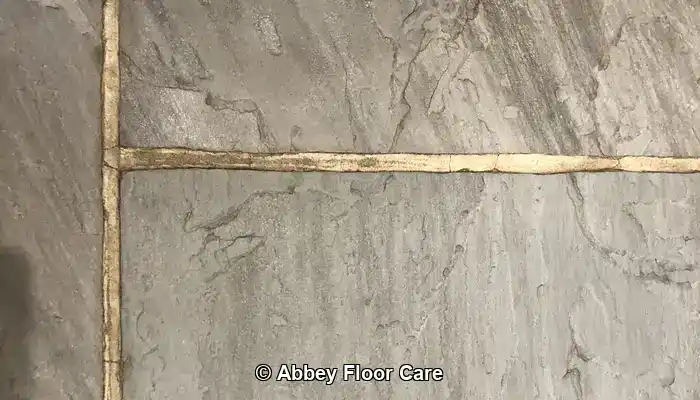 Damaged grout with dark contamination below the visible joint surface