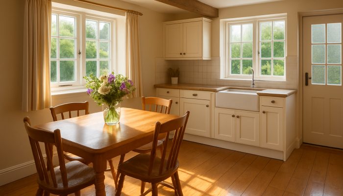 Spotless Yeovil cottage kitchen after professional cleaning with fresh flowers adorning the table