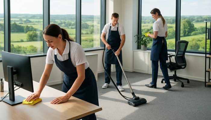 Professional cleaners diligently vacuuming a sunlit office in Poyntington with scenic countryside views