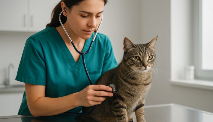Veterinarian examining a calm tabby cat with a stethoscope prior to surgery