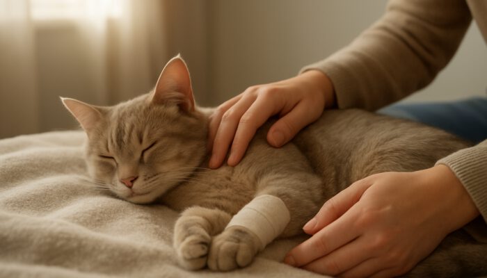 Cat resting on a blanket in a sunlit home during recovery from declawing with owner support nearby