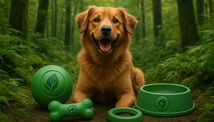 Happy dog with eco-certified toys and bowls in lush sustainable forest.
