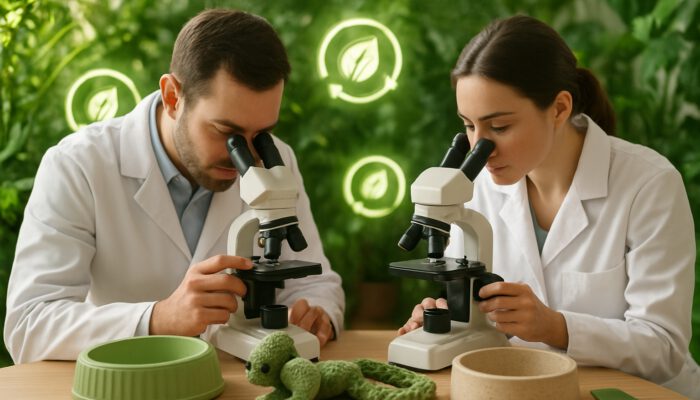 Scientists testing sustainable pet toys and bowls in eco lab for green certification amid plants.