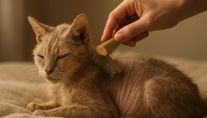 Groomer gently brushing the thinning fur of a frail elderly cat on a soft blanket in warm light.