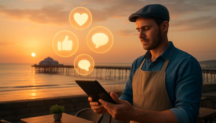 Café owner reviewing positive social media metrics on tablet above Weston-super-Mare pier at sunset