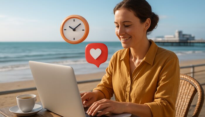 Small business owner scheduling social media posts on a laptop at a seaside café in Weston-super-Mare