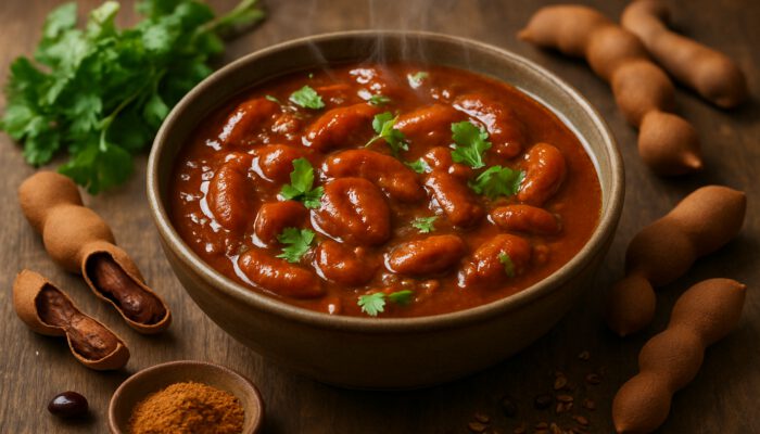 Bowl of steaming tamarind curry with herbs, spices, and pods on rustic wood