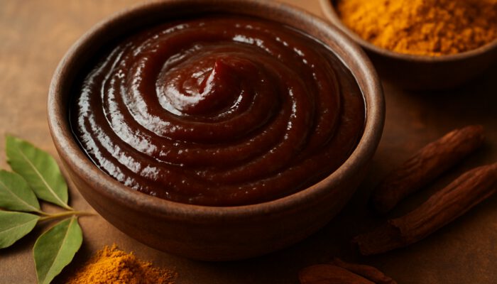 Close-up of glossy dark brown tamarind paste in rustic bowl beside curry spices.