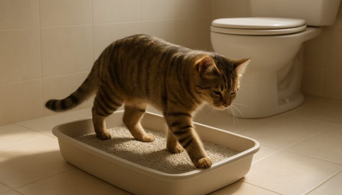 Tabby cat stepping into pristine sunlit litter box with fresh litter, highlighting spotless hygiene.