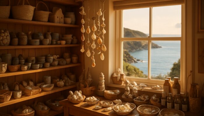 Cozy Ilfracombe gift shop overlooking Devon coast with shelves of handmade crafts and seashell ornaments.