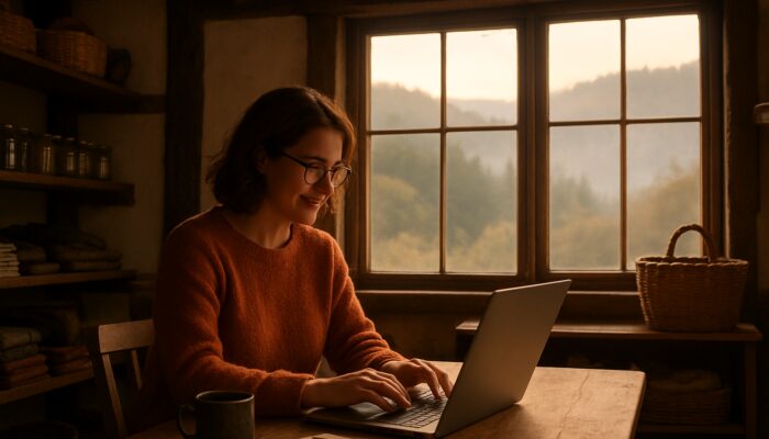 Small business owner blogging on laptop in a rustic Lydney shop with misty Forest of Dean views