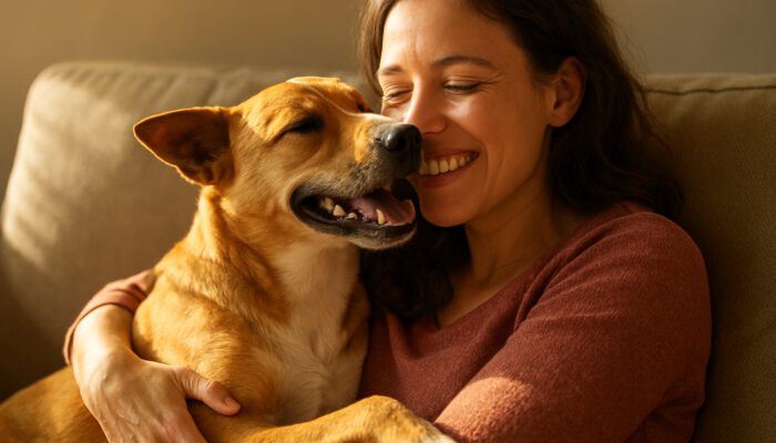 Rescue dog nuzzling happily against owner on a sunlit couch, sharing love and healing