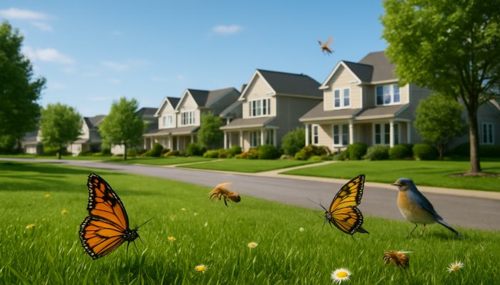 A beautiful Ilchester neighbourhood featuring vibrant lawns, butterflies, bees, and songbirds under clear skies.