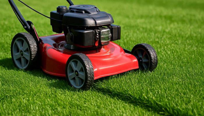 A red lawnmower with sharp blades efficiently cutting lush grass in Ilchester under sunlight