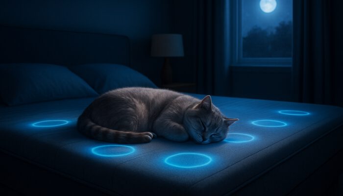Serene pet sleeping on sleek smart bed with glowing sensors in moonlit bedroom