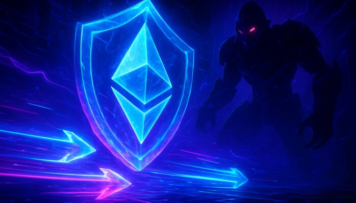 Futuristic arena featuring glowing Ethereum transactions shielded by crystal-like armour from shadowy MEV bots in vibrant neon hues.