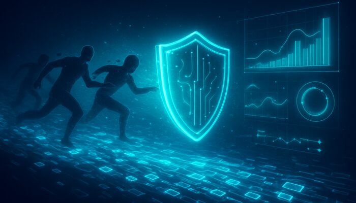 Digital shield preventing MEV front-runners from blockchain transactions with holographic resilience metrics in vibrant neon colours