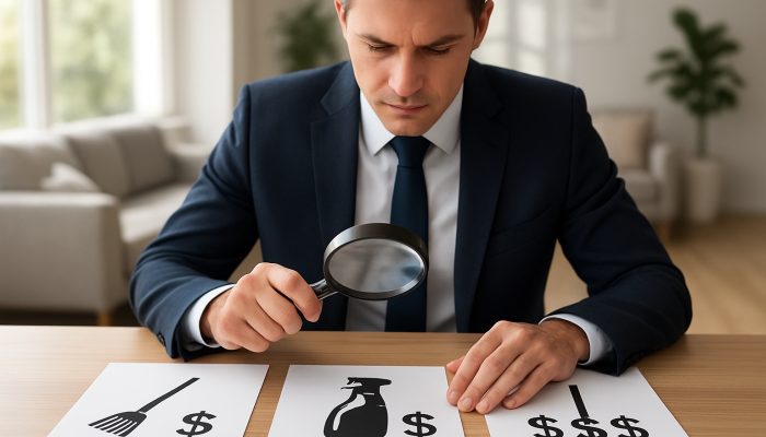 Businessperson examining cleaning quotes with a magnifying glass, modern sparkling home backdrop.