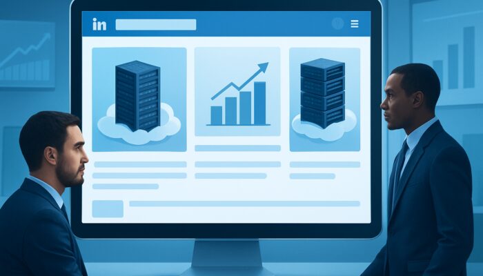 LinkedIn interface displaying B2B cloud hosting ads with server racks and conversion charts in a blue workspace.