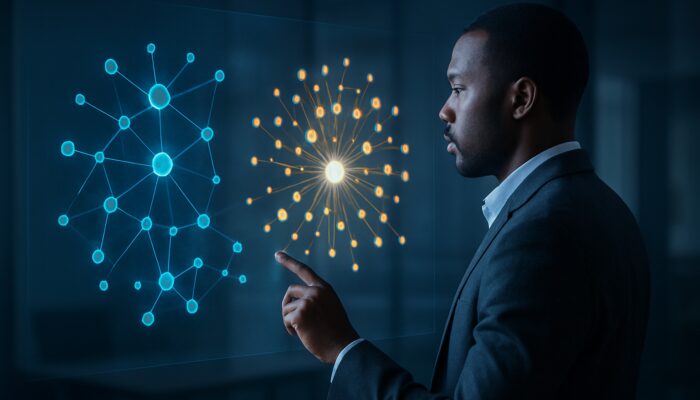Analyst reviewing holographic LinkedIn audience maps highlighting enterprise clusters in B2B hosting visualisation.