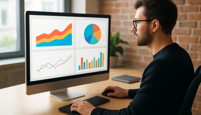 Web designer reviewing Google Analytics dashboards with colourful KPI charts in Marlborough office