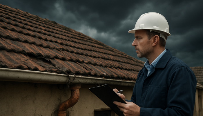 Professional inspector examining a cracked roof and exposed wires on an old South African home in Springs under a stormy sky.