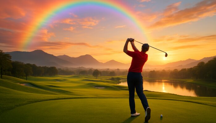 Vibrant golfer swings on emerald fairways at Euphoria Golf Course under rainbow sky