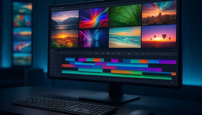 Futuristic video editing interface displaying vibrant stock images flowing into a sleek professional timeline.