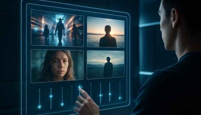 Creator adjusting sliders on a holographic AI video interface in a modern studio.