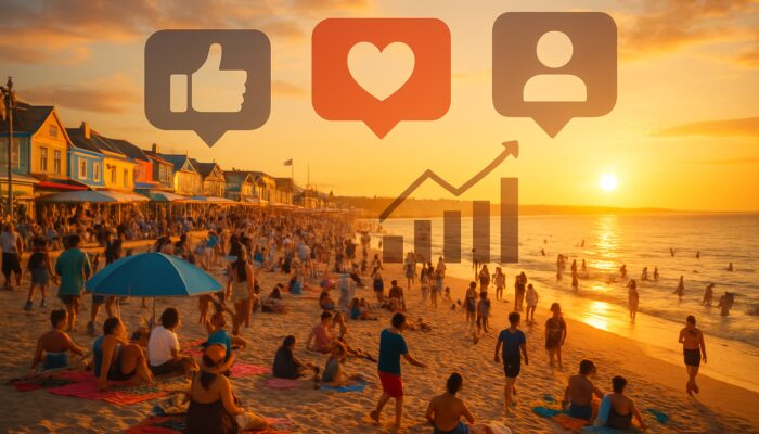 Exmouth beach at sunset with visitors, shops, social media icons, and spending charts overlay.