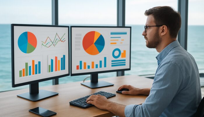 Marketer in Exmouth analysing social media dashboards and engagement metrics in a coastal office.