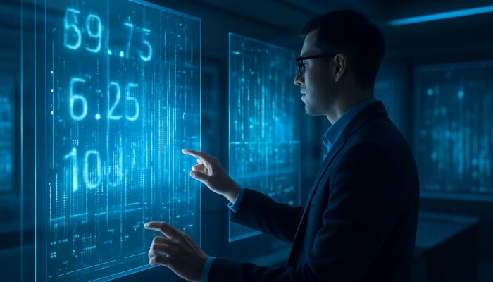 Data analyst updating outdated prices on holographic screens in a corporate control room