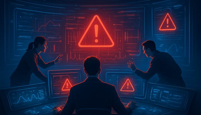Futuristic control centre with holographic dashboards displaying red alerts for stale price data over the past 24 hours.