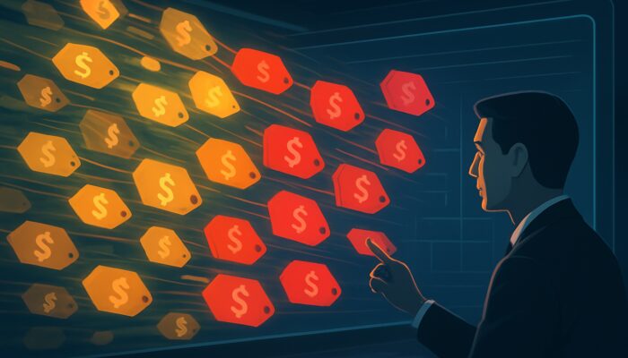 Analyst highlighting critical price tags in red on a chaotic e-commerce dashboard