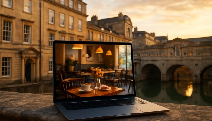 Laptop displaying a vibrant Bath cafe website against the backdrop of the Roman Baths and Georgian facades during golden hour