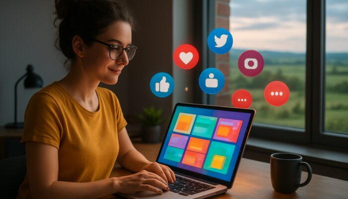 Patchway entrepreneur designs vibrant WordPress blog on laptop with floating social media icons overlooking UK countryside
