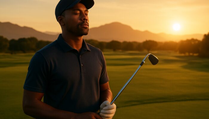South African golfer practising deep breathing at sunset on a lush course with mountains.