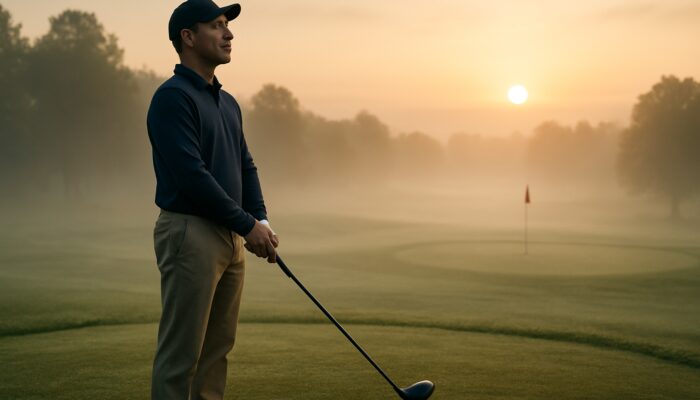 Focused golfer with eyes closed practising 4-7-8 breathing on misty dawn tee while visualising shot.
